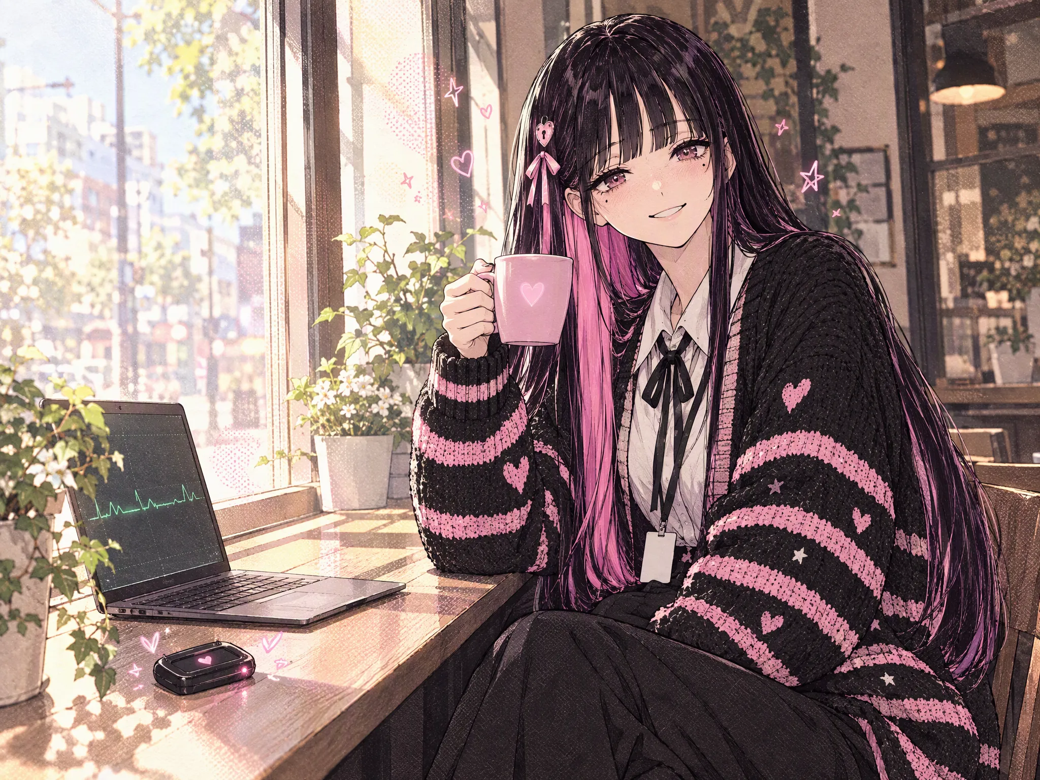 The admin at a sunny café window on a weekday morning, her laptop showing a green uptime line, smiling at you over a pink heart mug.
