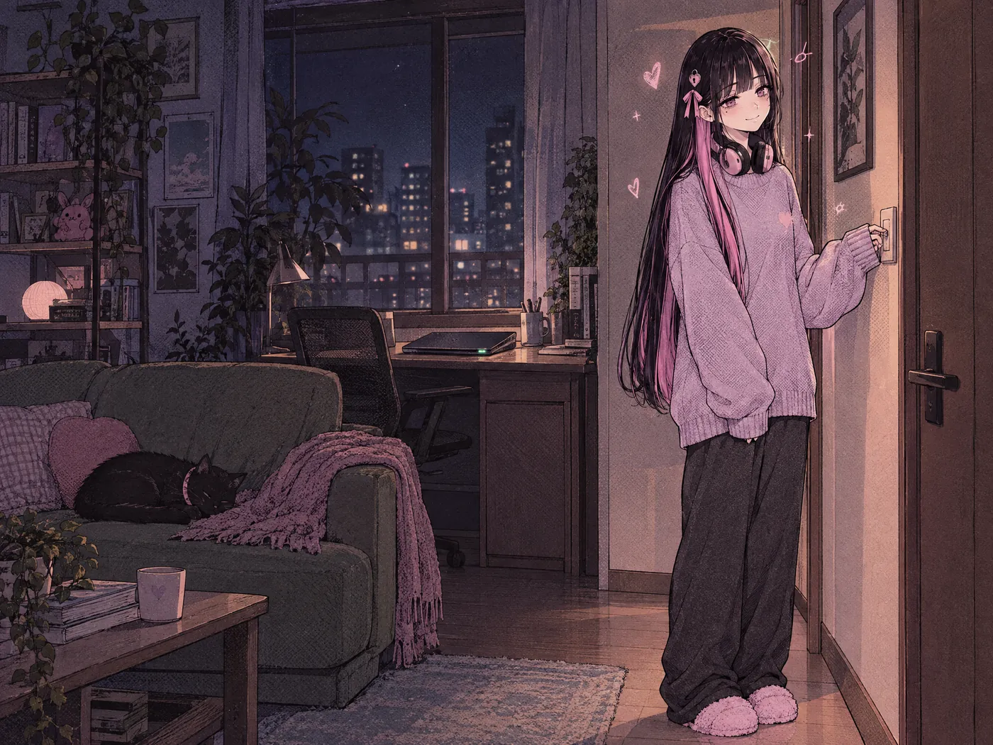 The admin at home at night in a soft lilac sweater, her hand on the light switch by the door, her black cat asleep on the sofa.