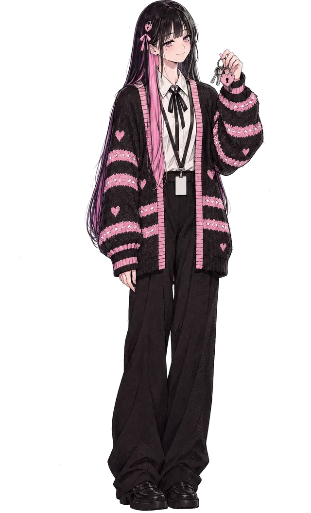 The admin holding up a key ring with a small pink heart-shaped padlock, smiling softly.