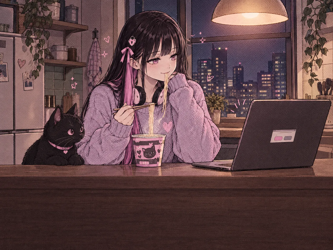 Late at night at her desk, the admin in a soft lilac sweater eats cup noodles in front of her laptop while her black cat keeps her company.