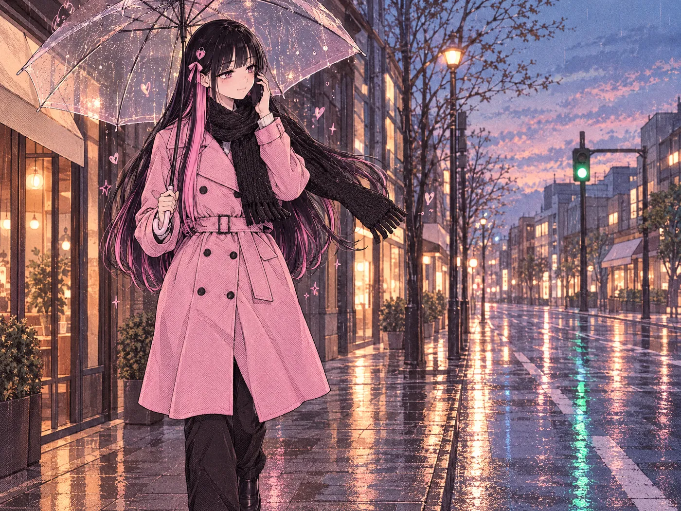 The admin in a long pink coat walking down a rainy street at dusk under a clear umbrella, her phone at her ear.