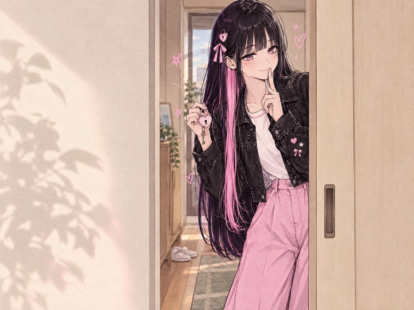 The admin at home on her day off, peeking out from a doorway with a shy, secretive glance.