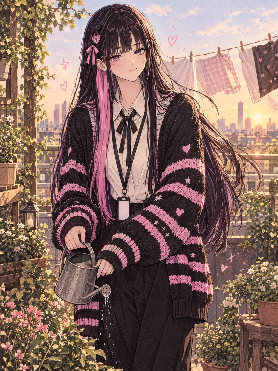 The admin in a rooftop garden at golden hour, holding a watering can and smiling at you.
