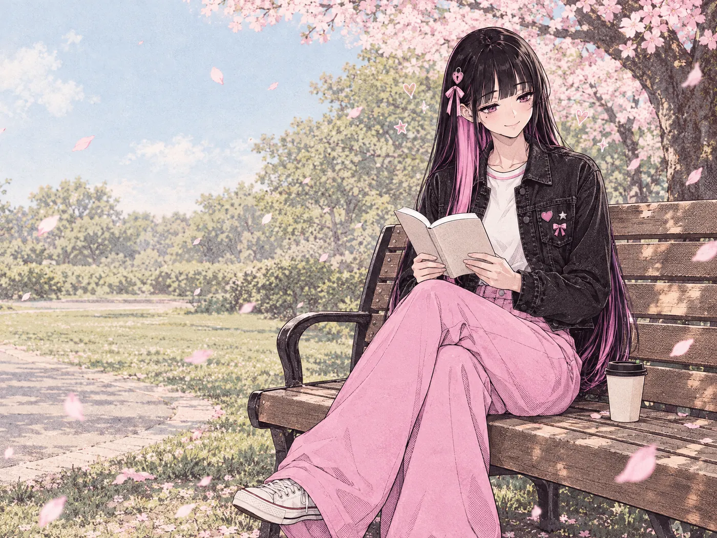The admin on her day off, reading on a park bench under cherry blossoms.