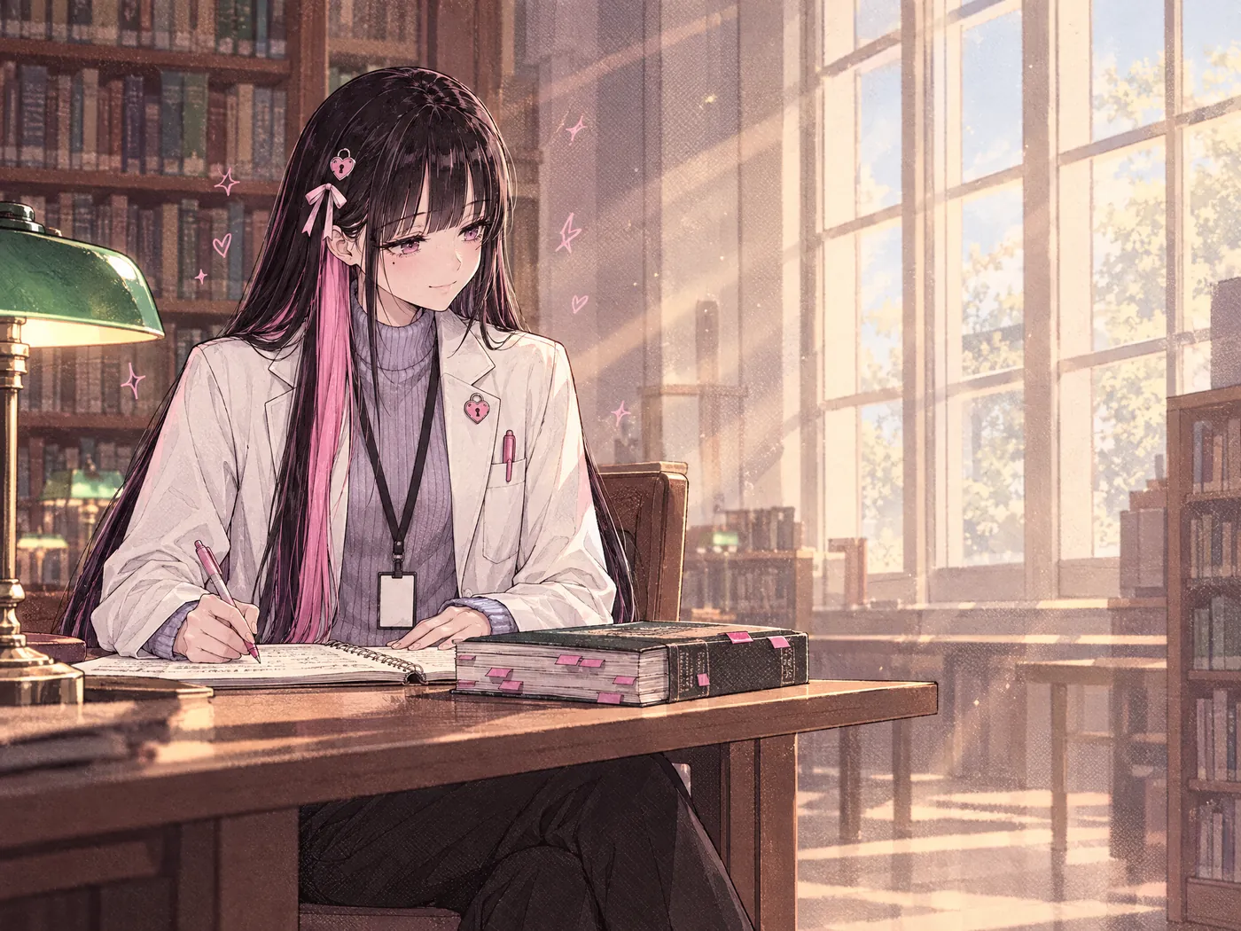 The admin in her lab coat at a library desk, writing carefully under a green reading lamp.