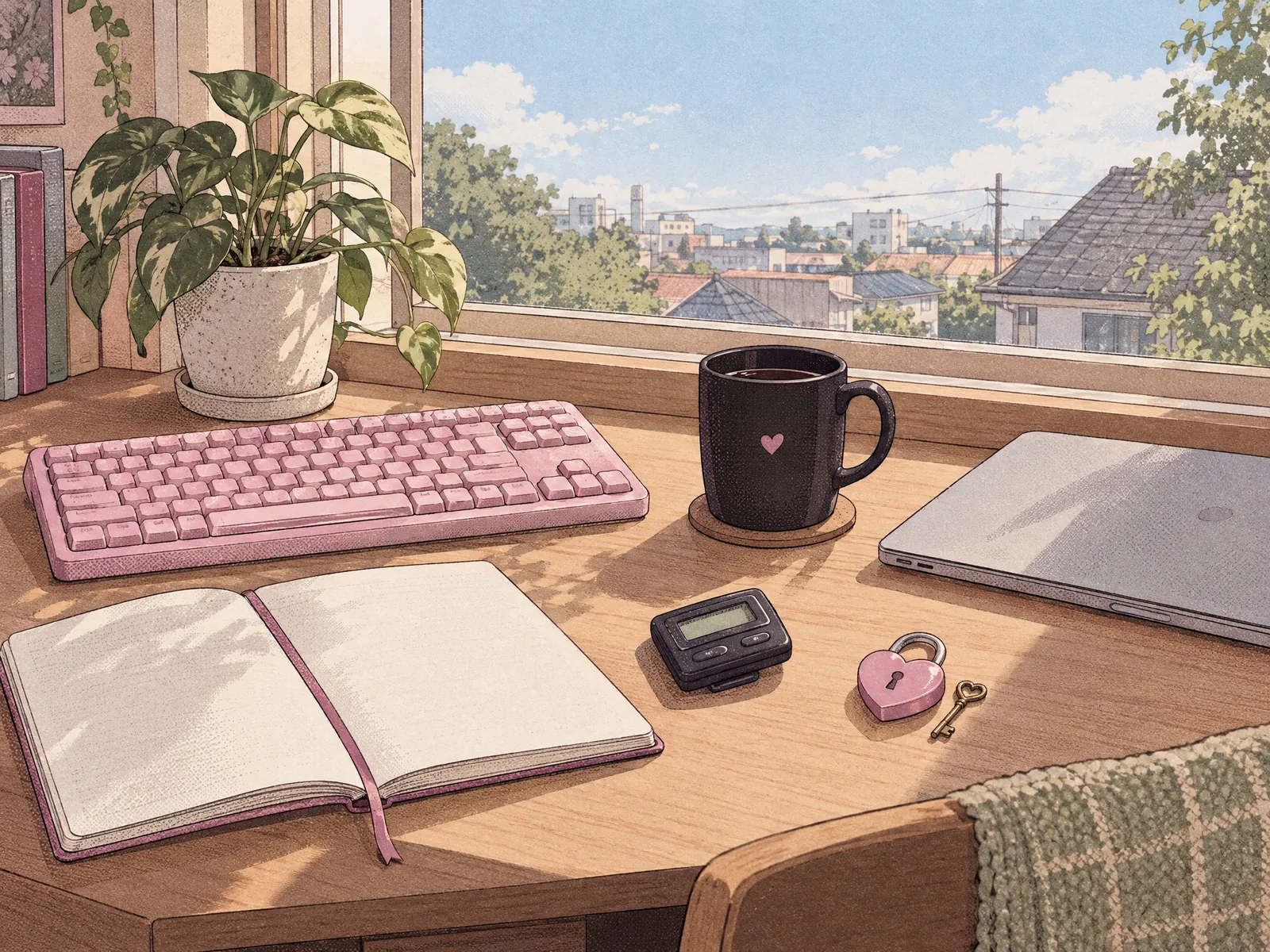 A tidy desk by a sunny window: a notebook with a ribbon bookmark, a pastel keyboard, a heart mug, a pager and a small heart-shaped padlock with its key.